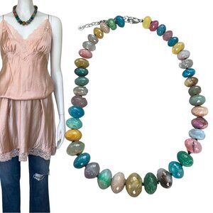 Vintage Multicolor Agate Graduated Beaded Necklace LUC 925 Signed 18-20”